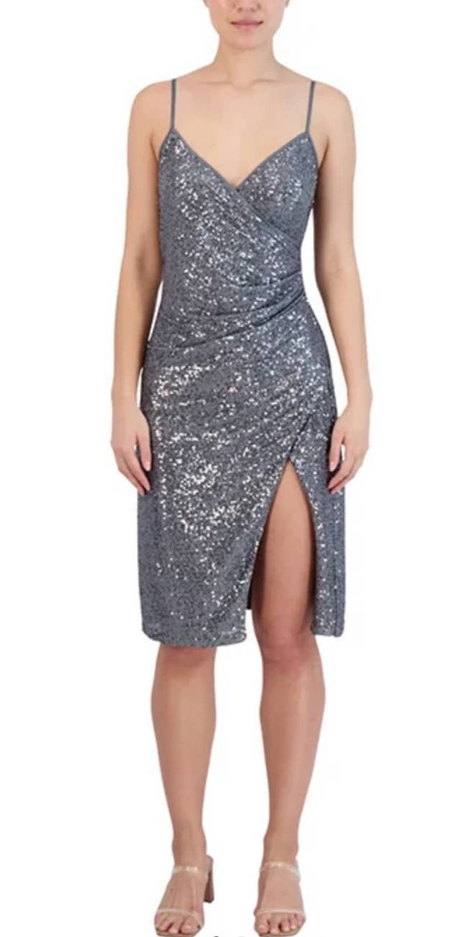 BCBG Generation Gunmetal Sequin V Neck Ruched Holiday Dress - L